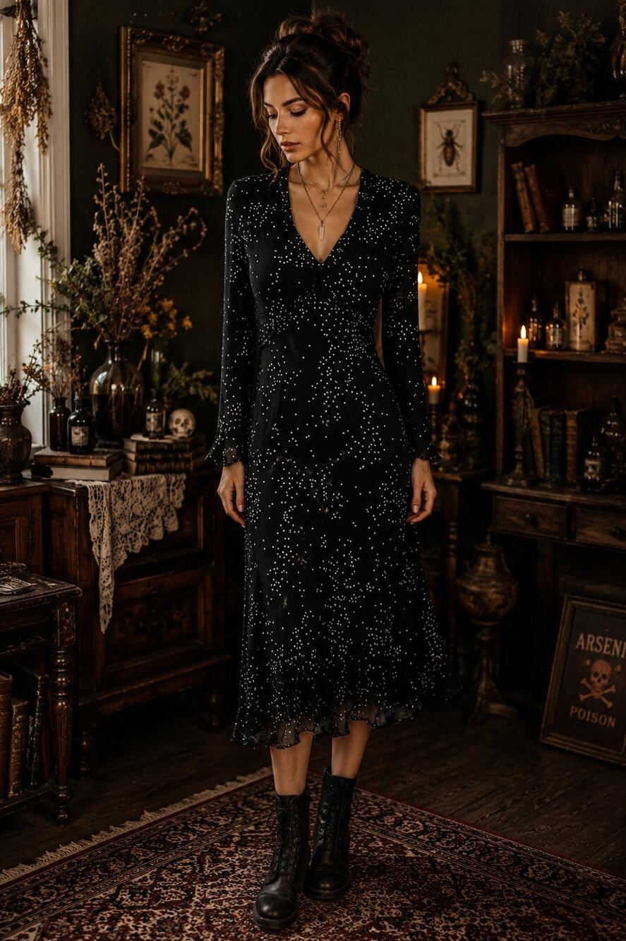 Vintage Majick Black Dark Romantic Whimsigoth Dress Witchy Size Petite Medium PM